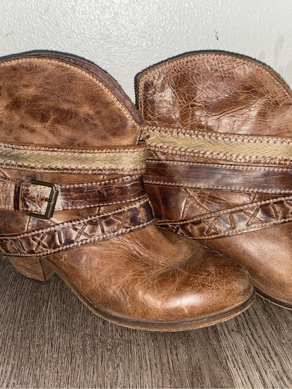 Women's Rustic Tan Leather Ankle Boots with Buckle Detail